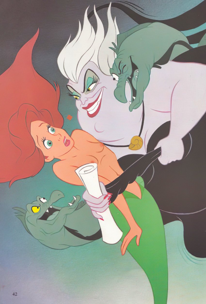 ariel blue_eyes breasts disney female merfolk mermaid mermaid_tail nipple nipples pale_skin pink_nipples red_hair sexually_suggestive skinny skinny_waist small_breasts the_little_mermaid thin_waist tiny_breasts tiny_waist ursula ursula_(the_little_mermaid)