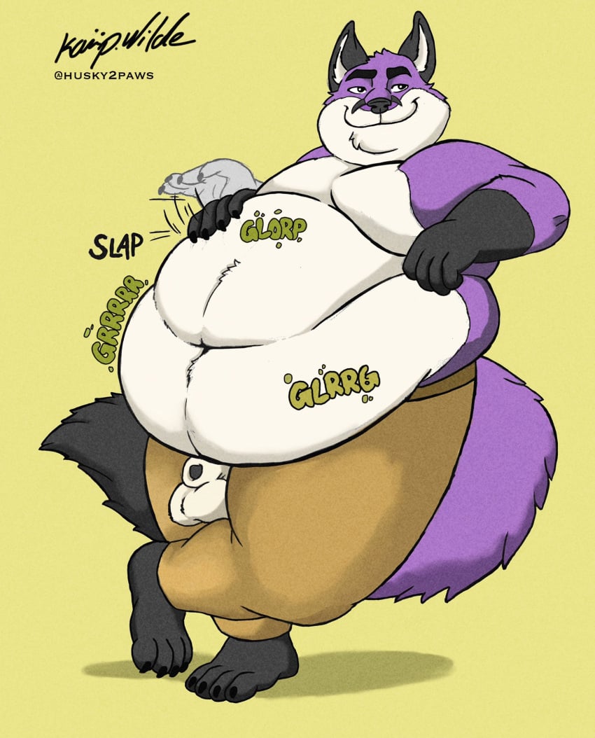 animal_genitalia anthro balls belly_overhang bottomwear canid canine clothed clothing fox full_belly fur genitals hi_res kaiipwilde love_handles male male_only mammal moobs navel obese obese_anthro obese_male onomatopoeia overweight overweight_anthro overweight_male pants partially_clothed patting_belly peeking_out penis purple_body purple_fur rumbling_stomach sheath smile smug_face solo sound_effects testicles text