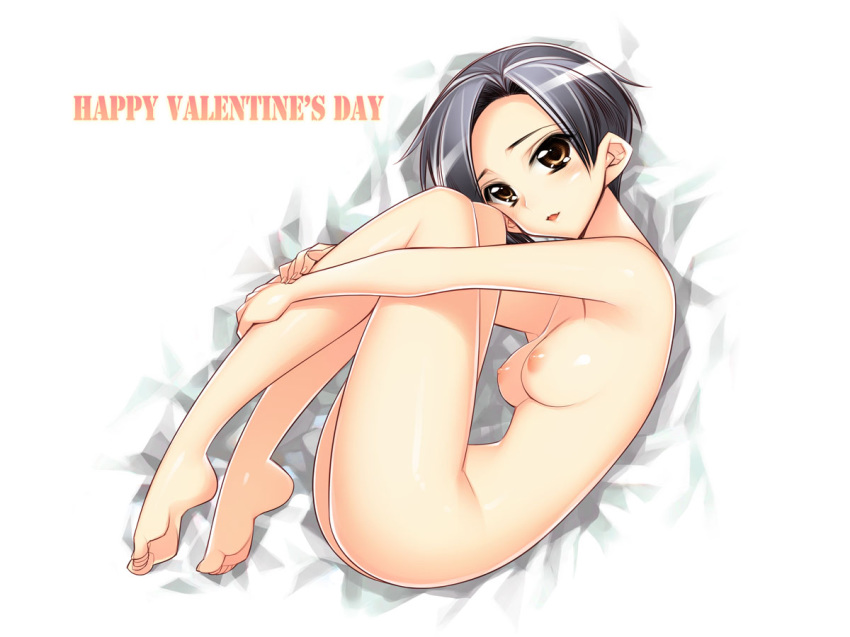 black_hair breasts brown_eyes feet female female_only fetal_position happy_valentine hiyohiyo human kobayakawa_rinko love_plus nipples nude pointy_chin short_hair solo valentine