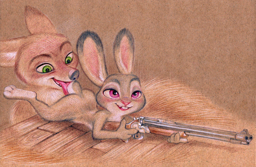 absurd_res anthro ass buckteeth canid canine dipstick_ears disney duo feet female fox fuchs green_eyes gun hi_res holding_gun holding_object holding_weapon judy_hopps lagomorph leporid licking lying male male/female mammal multicolored_ears nick_wilde nude on_front purple_eyes rabbit ranged_weapon scut_tail simple_background soles teeth tongue tongue_out traditional_media_(artwork) weapon zootopia