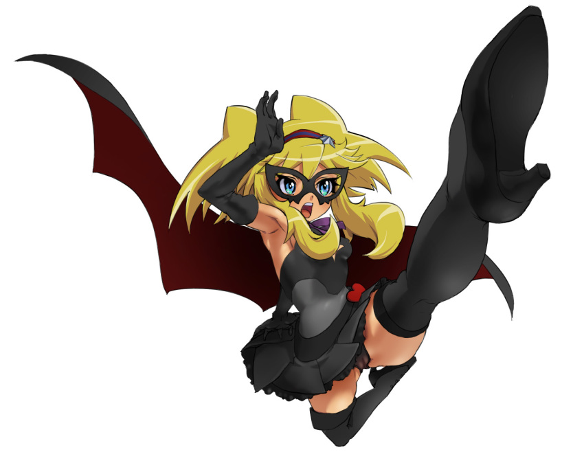 armpits bat_wings blonde_hair blue_eyes boots calpara elbow_gloves foreshortening gloves hairband hatori_kanon high_heels kanon_hatori kicking long_hair mask open_mouth panties pussy see-through shoes skirt thigh_boots thighhighs underwear wings zettai_ryouiki