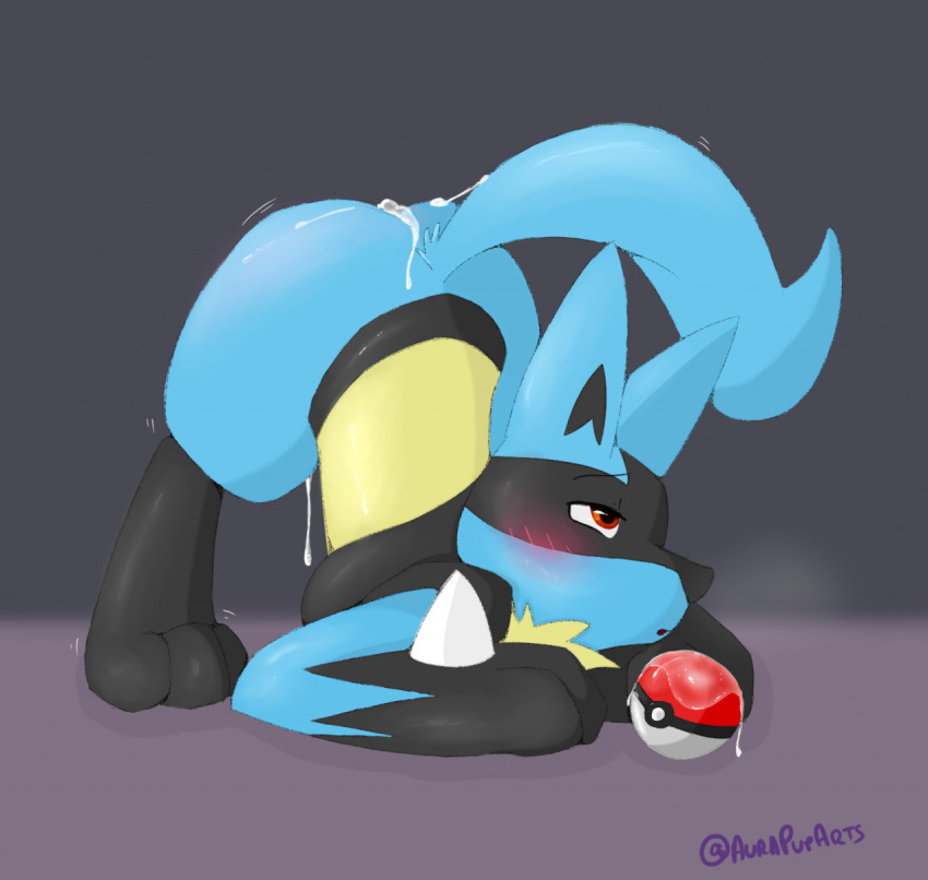 after_sex ambiguous_gender anthro ass ass_up black_body black_fur blue_body blue_fur blush bodily_fluids cum cum_drip cum_on_butt cum_on_ground dripping fur genital_fluids hi_res jack-o'_pose jack-o_pose lucario morgenergy nintendo pokéball pokemon pokemon_(species) pose red_eyes shaking simple_background solo video_games yellow_body yellow_fur