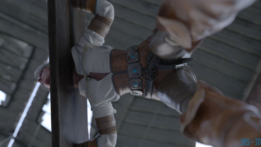 3d bondage cd_projekt_red ciri clothed female legs pillory stocks sus-3d tagme the_witcher_(series) the_witcher_3:_wild_hunt viewed_from_below