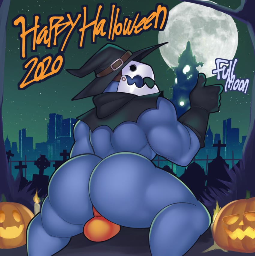 2020 anthro ass ass_focus atlus backsack big_ass big_butt blue_body bulge butt_focus elfein english_text full_moon halloween hat humanoid male male_only megami_tensei moon night orange_underwear persona_3 pumpkin shin_megami_tensei solo tartarus text thanatos_(megami_tensei) thumbs_up underwear