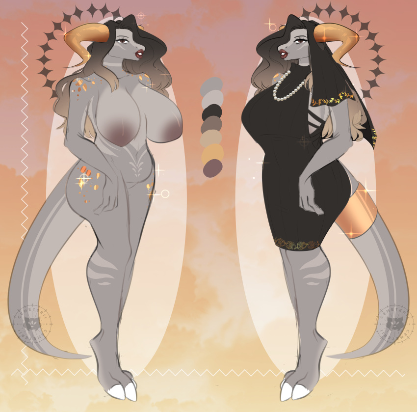 abstract_background absurd_res anthro big_breasts breasts cemeterii clothed clothing color_swatch dragon female furry grey_body hi_res horn lips markings mature_female nipples nude red_lips solo standing thick_lips