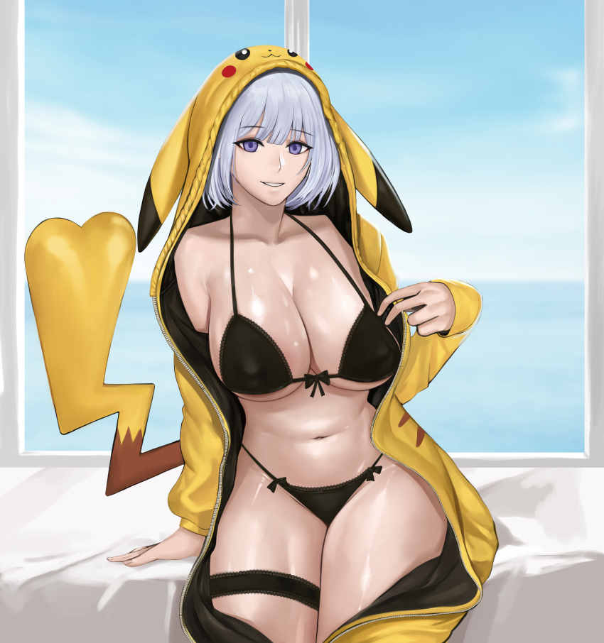 1girls 2021 absurdres alternate_version_available bangs bikini black_bra black_panties blue_eyes bra breasts cleavage cosplay eyebrows_visible_through_hair female female_focus female_only gcg girls'_frontline highres indoors kigurumi large_breasts looking_at_viewer navel nintendo open_clothes panties parted_lips pikachu pikachu_(cosplay) pokémon_(species) pokemon pokemon_(cosplay) rpk-16_(girls'_frontline) short_hair sideboob silver_hair sitting smile solo solo_focus thigh_strap underboob underwear window