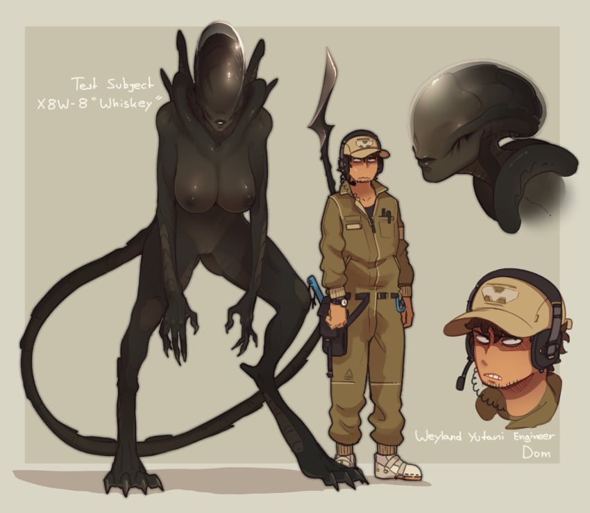 1boy 1boy1girl 1girls 2021 alien alien_(franchise) alien_girl alien_humanoid baseball_cap big_breasts black_body black_nipples black_pussy black_skin boobs breasts claws clock clothed clothing duo english_text eyeless female female_xenomorph fully_clothed genitals grey_background hat headgear headphones headwear hi_res human humanoid justrube larger_female larger_humanoid male mammal nipples not_furry nude nude_female pussy rube simple_background size_difference smaller_human smaller_male standing text watch weyland_yutani wristwatch xenomorph