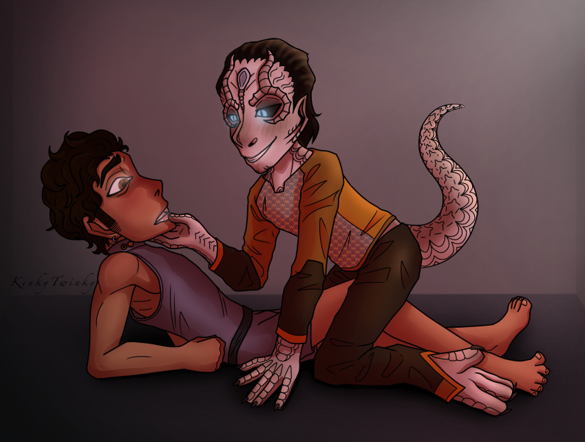 alien black_hair blue_eyes blush brown_eyes brown_hair cardassian_(species) clothed dim_lighting domination duo elim_garak eye_bags fear fully_clothed glowing_eyes holding_chin human humanoid julian_bashir kinky_twinky male reptile reptile_tail simple_background star_trek star_trek_deep_space_nine tail yaoi