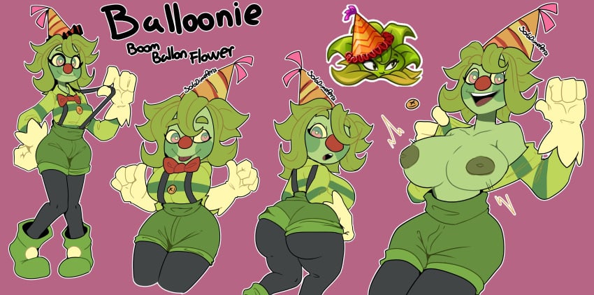 1girls ass boom_balloon_flower breasts clothed clown clown_girl clown_makeup clown_nose female flashing flashing_breasts flower from_behind green_body large_breasts plant plantie plants_vs_zombies rottenpera showing_breasts smile suspenders