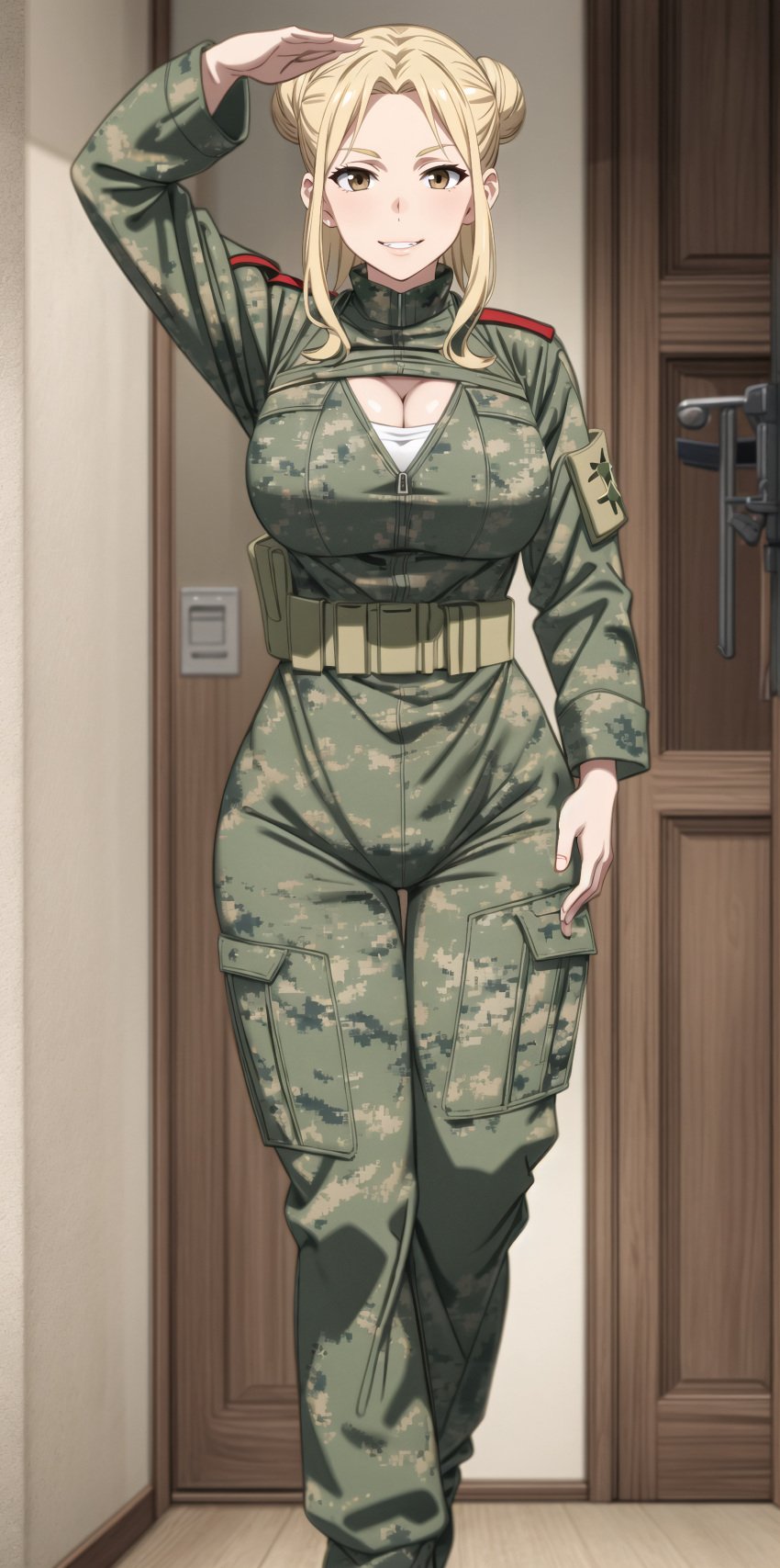 1girls ai_generated barracks barracks_bunny belt blonde_hair brown_eyes busty cleavage female hair_bun hi_res highres indoors milf military military_uniform original_character pixai salute smile solo standing