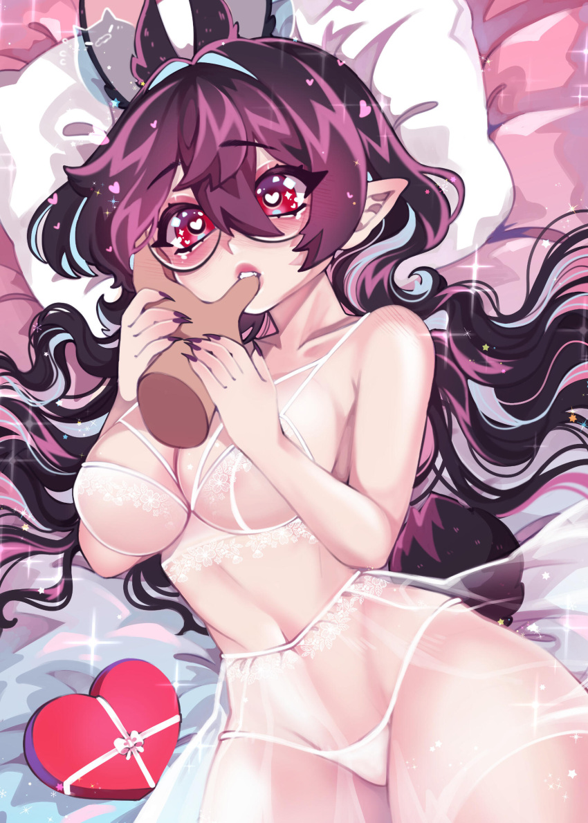 1boy 1girls bean_(vtuber) beannivt_(artist) bed_sheet bra chocolate_box dark-skinned_male dark_skin eyebrows_visible_through_hair finger_in_mouth glasses heart-shaped_pupils indie_virtual_youtuber light-skinned_female light_skin lingerie on_bed panties pillow round_glasses skirt symbol-shaped_pupils transparent_skirt virtual_youtuber white_bra white_lingerie white_panties white_pillow