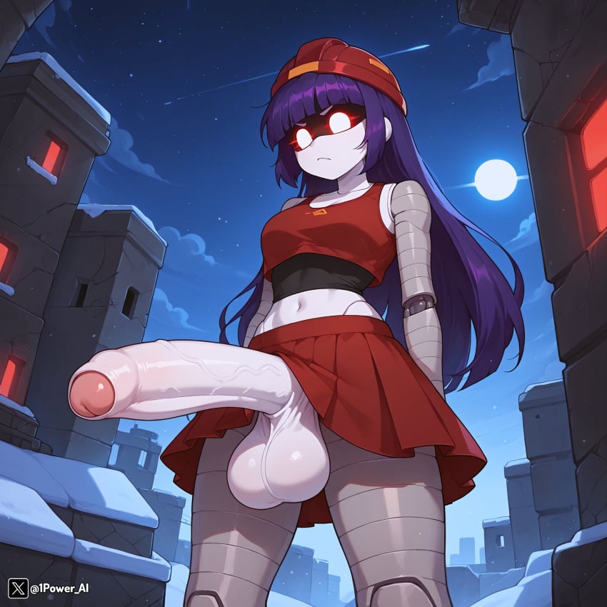 1futa 1power_ai 2d ai_generated balls doll_(murder_drones) erect_penis erection futa_focus futa_only futanari glitch_productions hair humanoid long_hair murder_drones penis purple_hair robot robot_futa robot_humanoid screen_face skirt