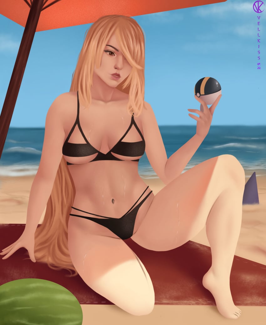 beach bikini blonde_hair cynthia_(pokemon) pokeball pokemon sweat vellkiss very_long_hair