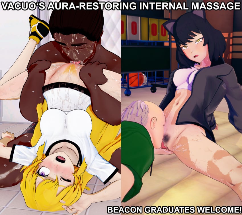 big_breasts black_hair blake_belladonna bob_cut bottomless cat_ears cat_girl cunnilingus dark-skinned_male endured_face faunus functionally_nude_female hands_on_thighs indoors jacket koikatsu leaning_back licking licking_clitoris licking_pussy light-skinned_female light-skinned_male long_hair open_mouth pubic_hair purple_eyes pussy pussy_juice pussy_juice_on_face rwby shopkeeper_(rwby) sneakers sports_bra sportswear spread_legs straight sweat tagme tongue yang_xiao_long yellow_eyes yellow_hair