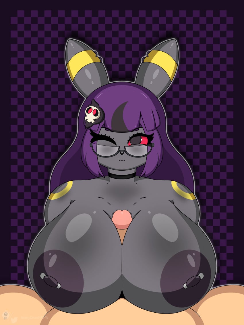 3:4 absurd_res accessory anthro areola big_breasts black_areola black_body black_eyes black_fur black_hair black_nose breast_play breasts choker dark_areola dark_nipples duo duskull ear_piercing eeveelution eyewear female first_person_view fur generation_2_pokemon generation_3_pokemon genitals glasses hair hair_accessory hi_res human jewelry long_hair looking_at_viewer luneiumbreon_(mintyspirit) male male/female mammal multicolored_hair necklace nintendo nipple_piercing nipples nude one_eye_closed penis penis_between_breasts piercing pokemon pokemon_(species) purple_hair red_sclera sex shinychaonsfw titjob umbreon