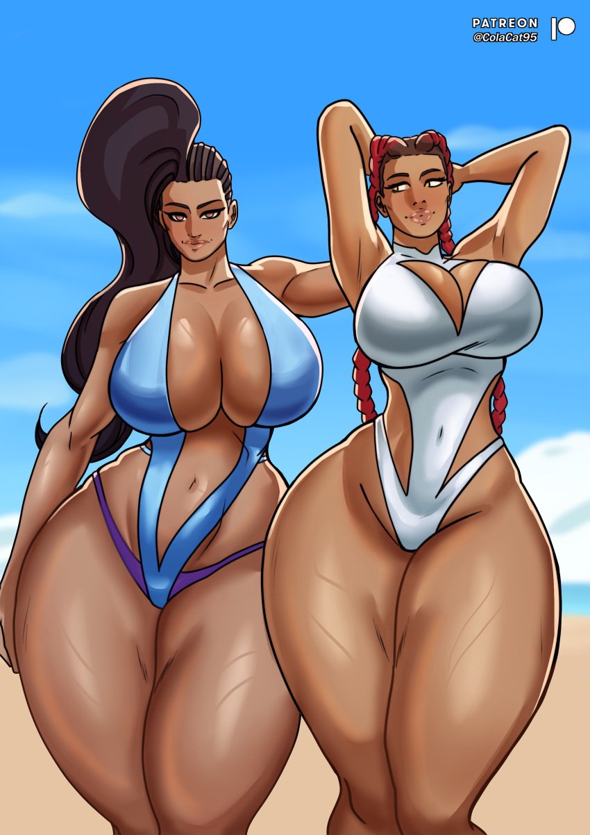 2girls absurd_res apex_legends beach brazilian brazilian_female breasts colacat95 crossover eastern_and_western_character female female_only hi_res large_breasts latina laura_matsuda light-skinned_female light_skin loba_(apex_legends) multiple_girls street_fighter swimsuit thick_thighs thighs wide_hips