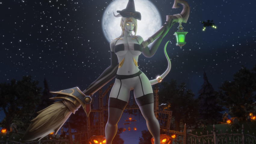 bra broom celne draenei feline halloween horns lightforged_draenei moon moonlight morilymory no_panties tail world_of_warcraft