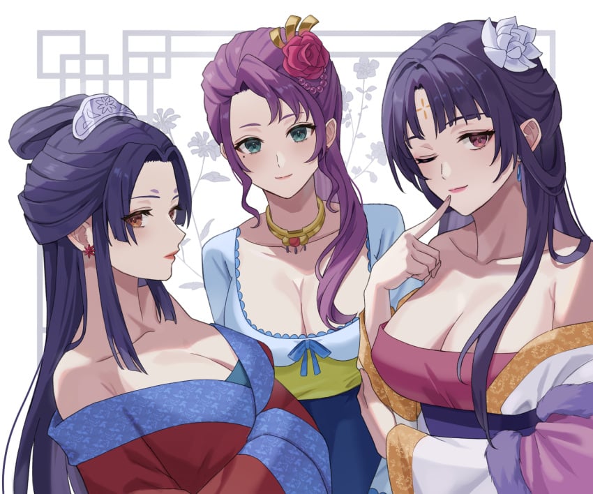 bare_shoulders big_breasts blue_dress blue_eyes blue_hair breasts brown_eyes chinese_clothes cleavage closed_mouth collarbone earrings flower_in_hair hair_ornament jewelry joka_(kusuriya_no_hitorigoto) kusuriya_no_hitorigoto lipstick long_hair long_sleeves makeup meimei_(kusuriya_no_hitorigoto) mikoha358212 mole mole_under_eye nail_polish necklace one_eye_closed pairin_(kusuriya_no_hitorigoto) purple_hair red_dress smile