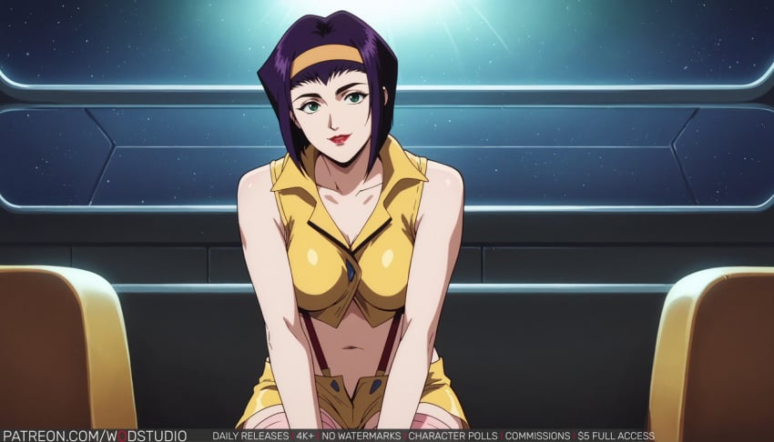 ai_generated bare_shoulders breasts cleavage clothing collared_shirt cowboy_bebop crop_top faye_valentine female female green_eyes hairband headwear large_breasts lips lipstick looking_at_viewer makeup medium_breasts midriff navel open_fly parted_lips pink_lips purple_hair red_lips shiny shirt short_hair short_shorts shorts sitting sleeveless sleeveless_shirt smile solo stomach suspender_shorts suspenders wing_collar wodstudio yellow_hairband yellow_shirt yellow_shorts