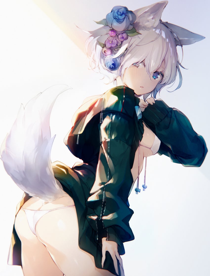 animal_ears ass ass_cleavage backpack bag bangs bikini blue_eyes blush breasts butt_crack clothing erect_nipples erect_nipples_under_clothes female flower fox_girl fox_tail hair_flower hair_ornament hair_over_one_eye hand_on_leg high_resolution jacket kitsunemimi leaning_forward long_sleeves looking_back medium_breasts mizuya nipples open_clothes open_jacket open_mouth original parted_lips posterior_cleavage short_hair sideboob simple_background sleeves_past_wrists solo standing swimsuit tagme tail underboob white_bikini white_hair white_swimsuit wolf_ears wolf_tail yatsuha_(hachiyoh) zipper