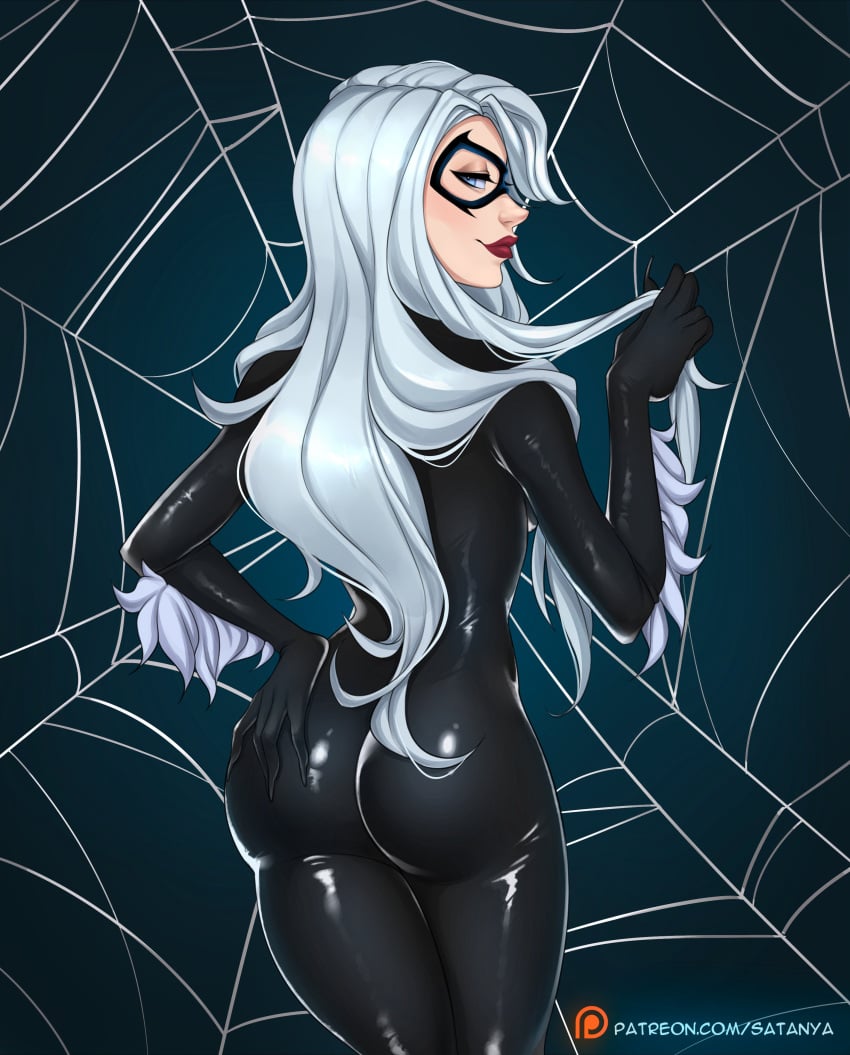 big_ass big_butt black_cat_(marvel) blue_eyes bodysuit bubble_butt felicia_hardy female half-closed_eyes latex_suit long_hair looking_back marvel red_lipstick satanya smile spider-man_(series) spider_web white_hair