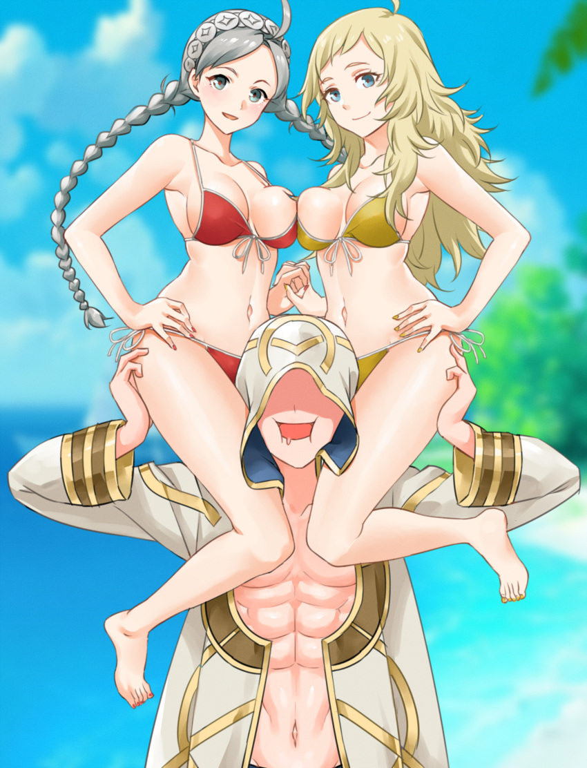 1boy 2girls abs absurdres ahoge alternate_costume bangs beach bikini blonde_hair blue_eyes braid breast_press breasts cleavage cloud collarbone commission female fingernails fire_emblem fire_emblem_fates fire_emblem_heroes full_body gold_bikini gold_nails head_between_thighs highres hood huge_filesize igni_tion kiran_(fire_emblem) kiran_(fire_emblem)_(male) light-skinned_female light-skinned_male light_skin long_hair looking_at_viewer male medium_breasts multiple_girls nail_polish navel nina_(fire_emblem) nintendo ocean open_mouth ophelia_(fire_emblem) red_bikini red_nails red_swimsuit side-tie_bikini swimsuit thighs twin_braids upper_body white_hair yellow_bikini yellow_nails yellow_swimsuit