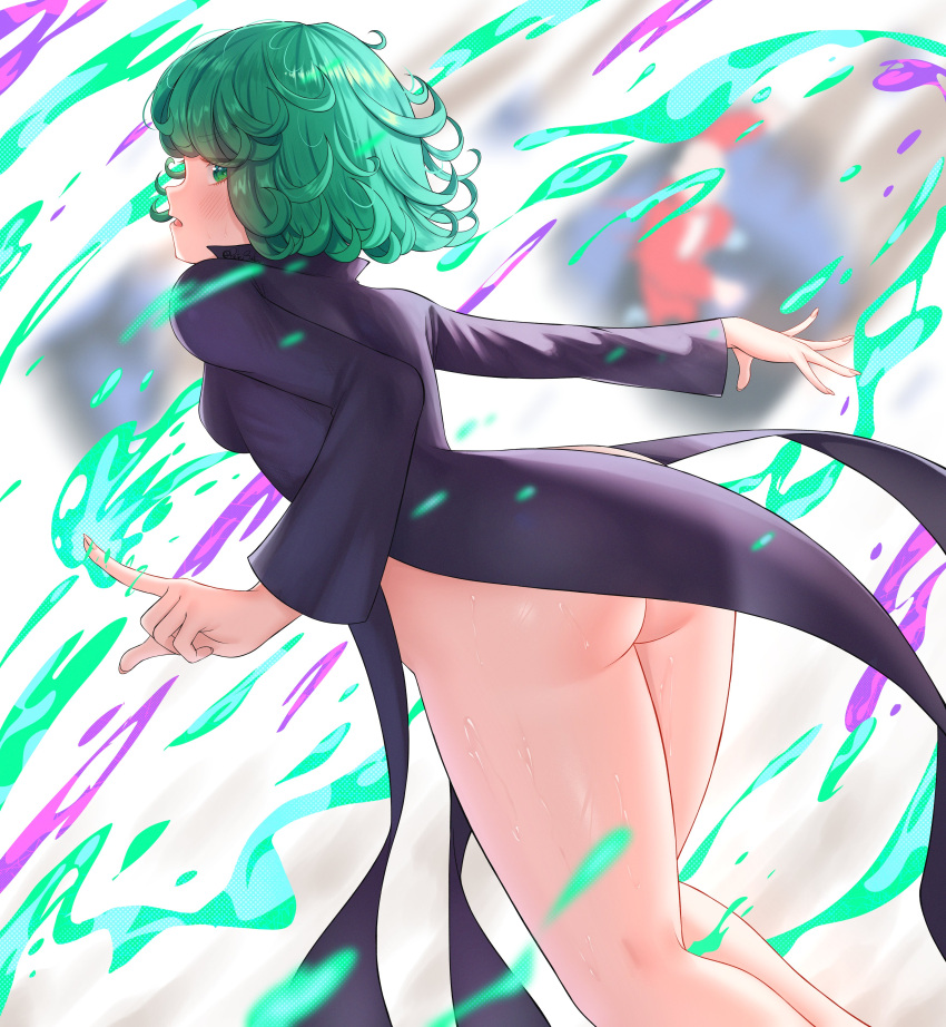 1girls ass ass_focus dat_ass dress_lift female female_focus female_only green_eyes green_hair highres light-skinned_female light_skin one-punch_man pietrosatou shounen_jump small_breasts solo solo_female solo_focus tagme tatsumaki thick_thighs