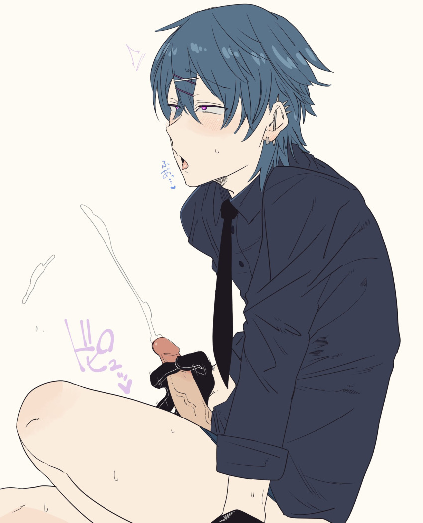 1boy bishonen blue_hair cum cumming erection ikizamea male male_only masturbation partially_clothed penis skinny solo solo_male tie twink