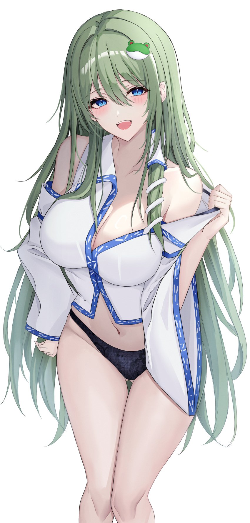 7saki :d black_panties blue_eyes breasts cleavage collarbone detached_sleeves female frog_hair_ornament green_hair hair_between_eyes hair_ornament hair_tubes highres large_breasts long_hair looking_at_viewer navel off_shoulder open_mouth panties sanae_kochiya shirt simple_background smile snake_hair_ornament solo standing thighs touhou underwear white_background white_shirt white_sleeves wide_sleeves