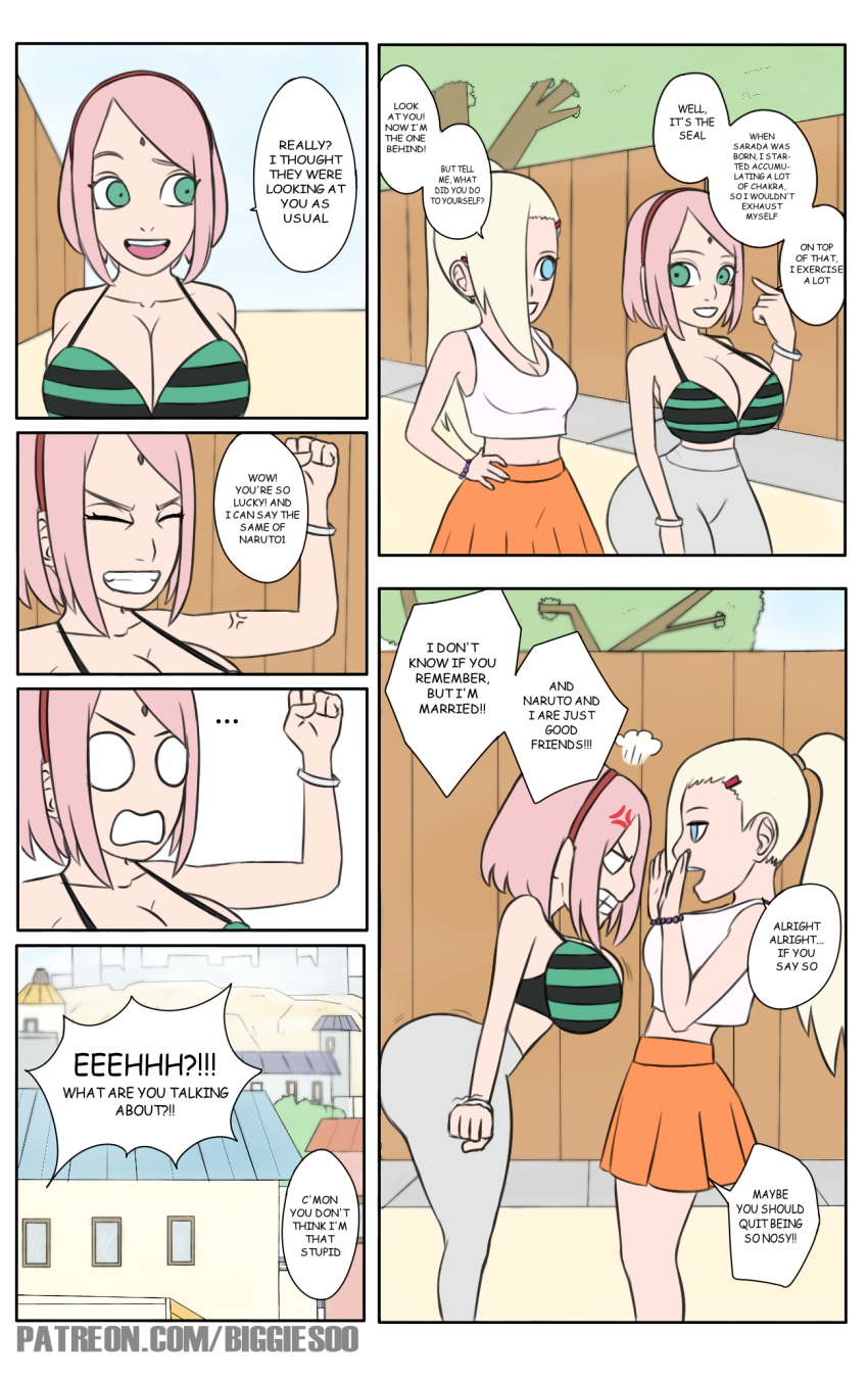 2girls ass big_ass big_breasts big_butt biggies00 bikini_top boruto:_naruto_next_generations bra breasts bubble_ass bubble_butt color comic comic_page english_text female female_only human ino_yamanaka jiggle multiple_girls naruto oppai sakura_haruno skirt text thick_thighs wide_hips