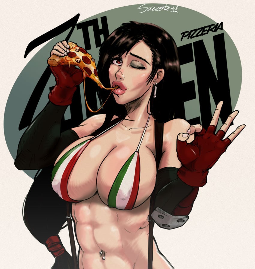 1girls abs big_breasts busty fat_lips italian_flag muscular_female ok_sign text tifa_lockhart