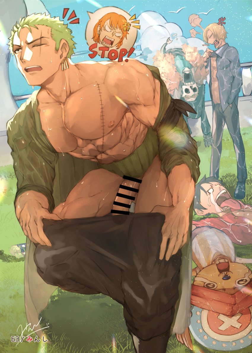 1girls 5boys abs angry artist_request black_hair blonde_hair brook_(one_piece) censor_bar censored censored_penis chopper crying earrings female flaccid grass green_hair hi_res large_chest lying male male_focus monkey_d_luffy muscular_arms muscular_male nami_(one_piece) one_piece open_mouth orange_hair passed_out pecs roronoa_zoro scar scar_on_chest scar_on_face short_hair sweat sweatdrop sweating sweaty taking_clothes_off tongue_out tony_tony_chopper vinsmoke_sanji wet