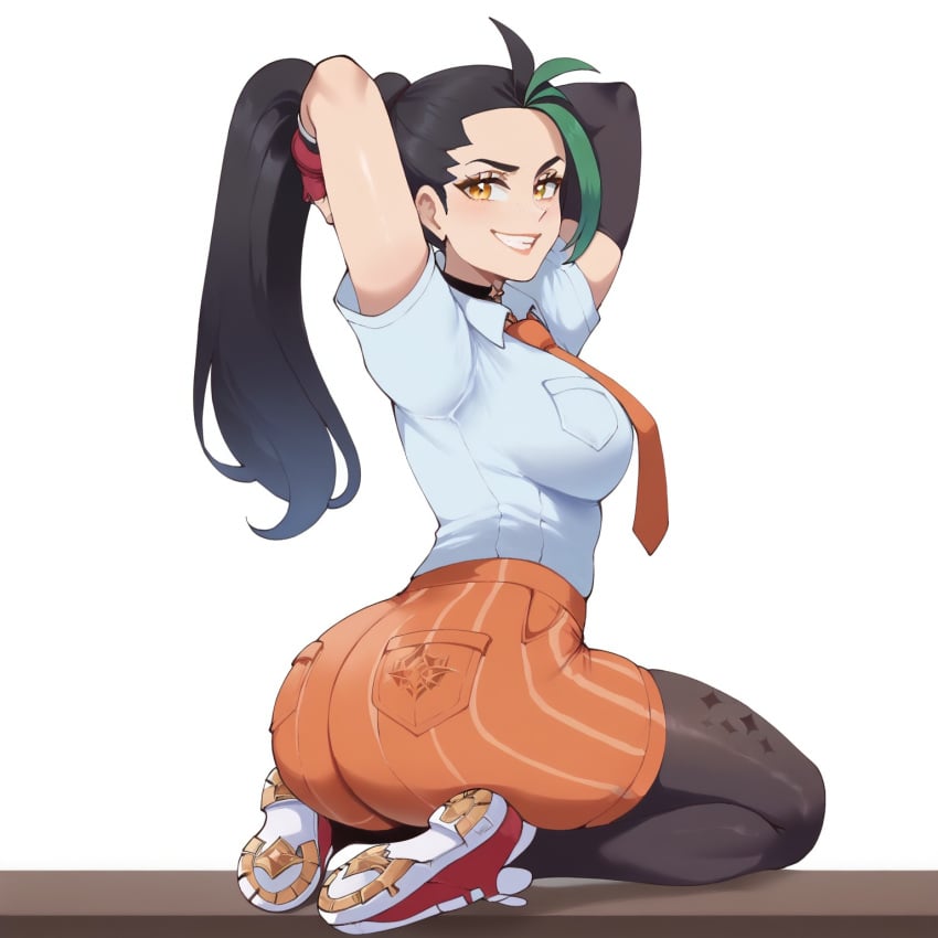 1girls ai_generated ass ass_focus big_breasts black_choker black_hair clothed_female dug-lith-pls green_hair multicolored_hair nemona_(pokemon) nintendo on_knees pokemon self_upload solo thiccwithaq_(ai_style) thick_ass thick_thighs yodayo