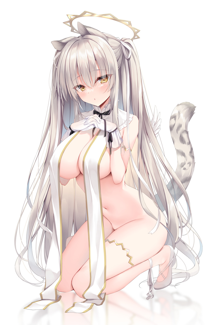 1girls big_breasts breast_curtains breasts cat_ears cat_tail catgirl female female_only light-skinned_female light_skin naked original original_character silver_hair snow_leopard solo thick_thighs thighs white_hair yatanukikey yellow_eyes