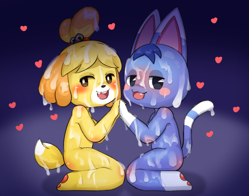 0227 :3 absurd_res animal_crossing anthro bedroom_eyes bodily_fluids canid canine canis cum cum_on_body domestic_cat domestic_dog duo felid feline felis female genital_fluids gradient_background hand_holding heart hi_res isabelle_(animal_crossing) kneeling looking_at_viewer mammal narrowed_eyes nintendo nude open_mouth open_smile pac-man_eyes paws rosie_(animal_crossing) seductive simple_background smile video_games