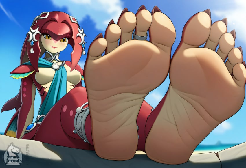 5_toes ai_generated anthro anthrooutcomes breath_of_the_wild feet feet_up foot_fetish foot_focus mipha soles the_legend_of_zelda zora