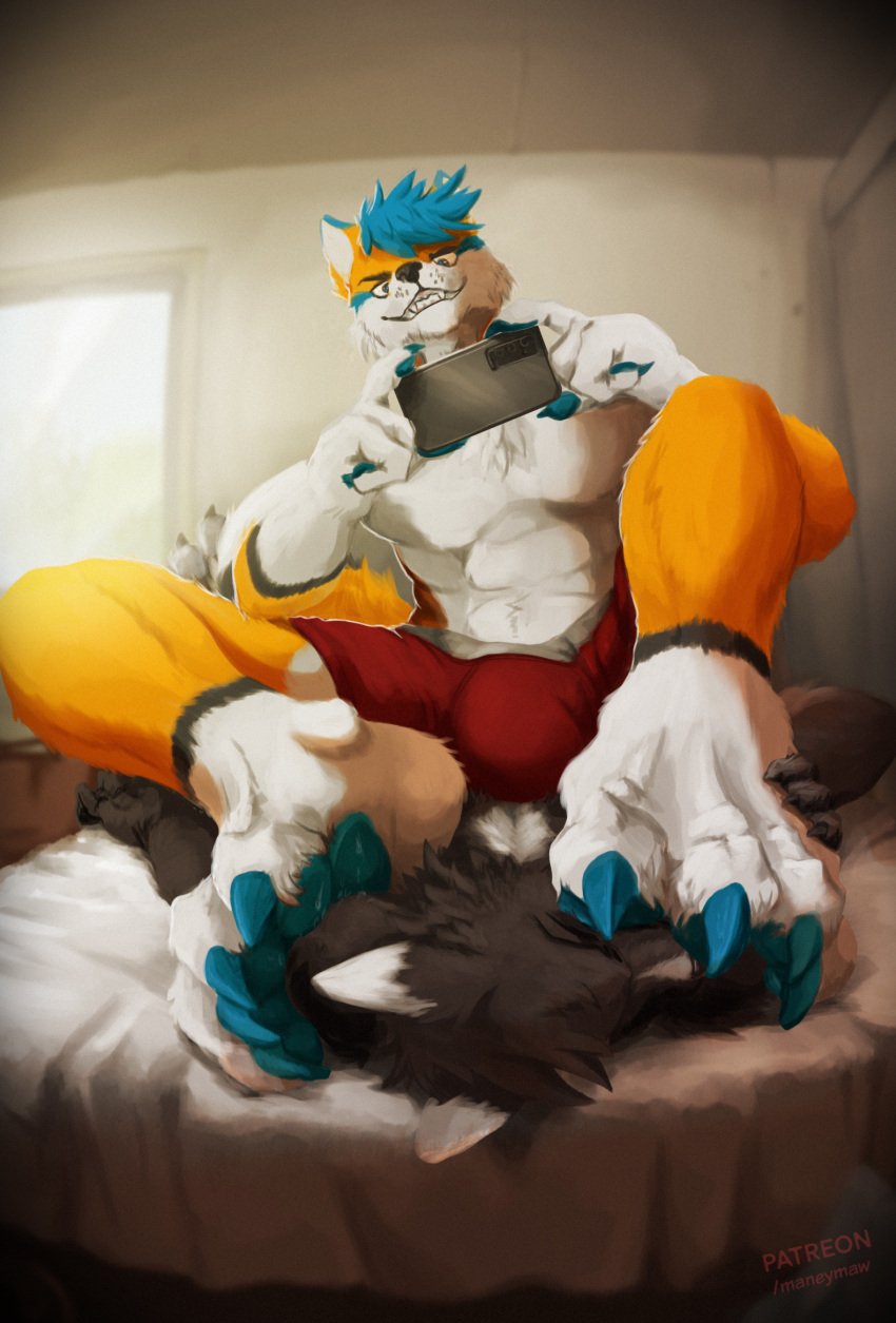 4_toes anthro anthro_on_bottom anthro_on_top bedroom black_body blue_pawpads boxer_briefs bulge canid canine claws closed_eyes clothing detailed_background dominant dominant_anthro dominant_male duo electronics feet foot_fetish foot_on_face grin hi_res hindpaw holding_object holding_phone humiliation male male/male male_on_bottom male_on_top mammal maneymaw_(artist) mean on_bottom on_top orange_body pawpads paws phone red_clothing red_underwear sitting sitting_on_another sitting_on_chest smile teeth toe_claws toes underwear white_body