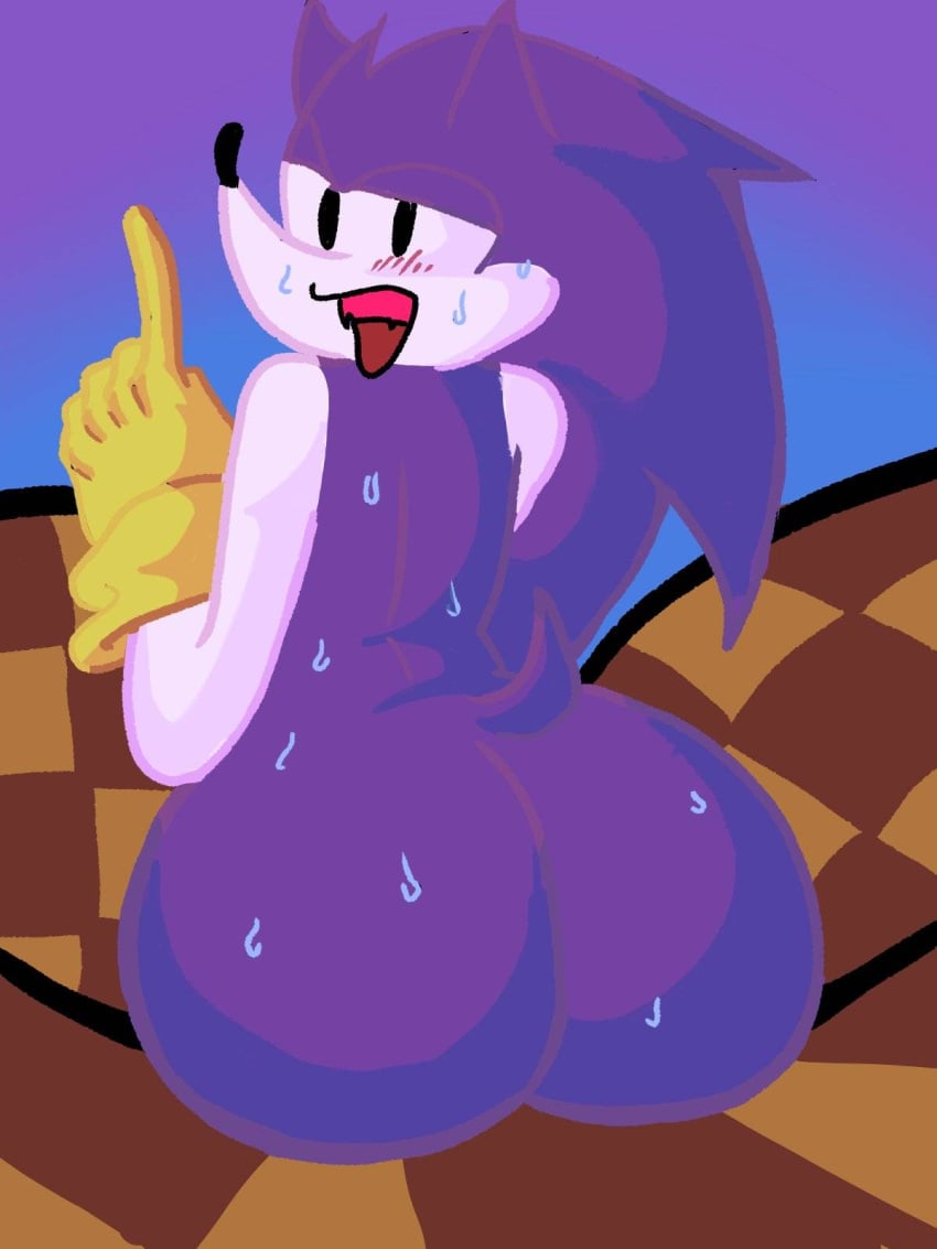 1girls anthro ass big_ass big_butt female female_anthro female_only gloves hedgehog hedgehog_girl looking_at_viewer looking_back needlemouse_(character) needlemouse_(series) purple_fur sarah_henderson_(needlemouse) sweating tongue tongue_out yellow_gloves