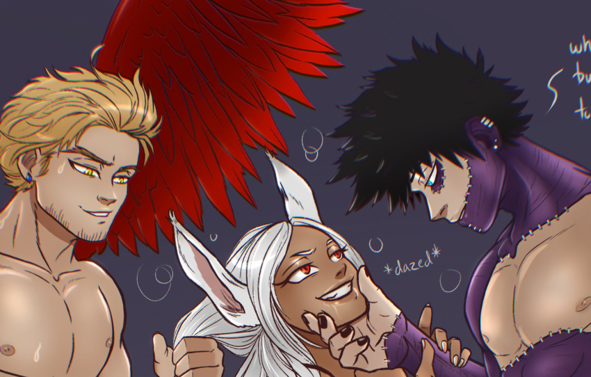 1girls 2boys animal_ears bfaeart black_hair blonde_hair blue_eyes boku_no_hero_academia bunny_ears bunny_girl color colored_version dabi dark-skinned_female dazed drooling eye_contact face_grab feathered_wings female golden_eyes hair_grab hair_pull hand_on_face hawks_(my_hero_academia) implied_sex keigo_takami light-skinned_male male male/female/male miruko my_hero_academia pierced_ears piercing rabbit_ears rabbit_girl red_eyes red_wings rumi_usagiyama scars takami_keigo taken_from_behind threesome todoroki_touya touya_todoroki usagiyama_rumi white_hair wings