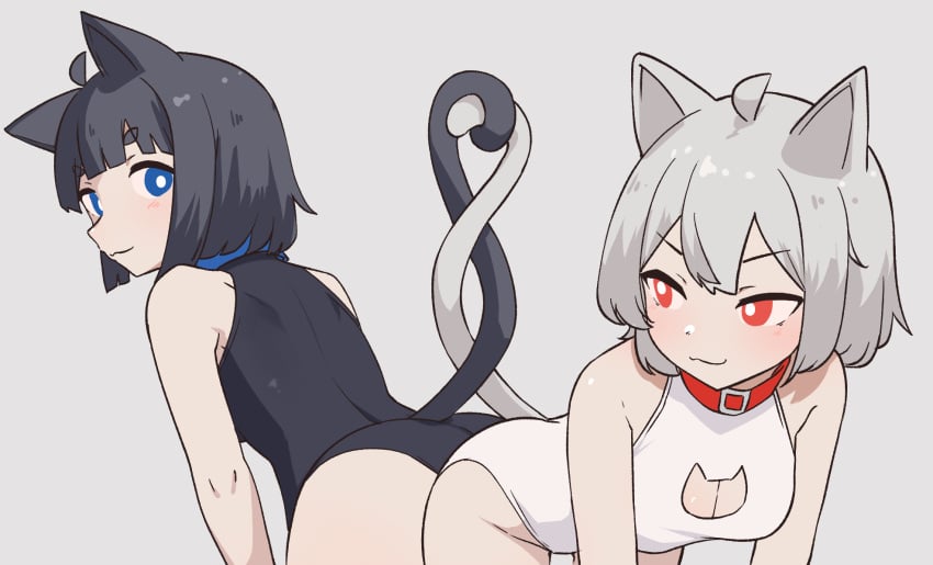 2girls big_butt black_dress black_hair blue_eyes boob_window cat_ears cat_girl cat_tail catgirl collar daebom female female_only horny looking_back m18_hellcat multiple_girls patreon red_eyes small_breasts tagme war_thunder white_background white_body white_dress