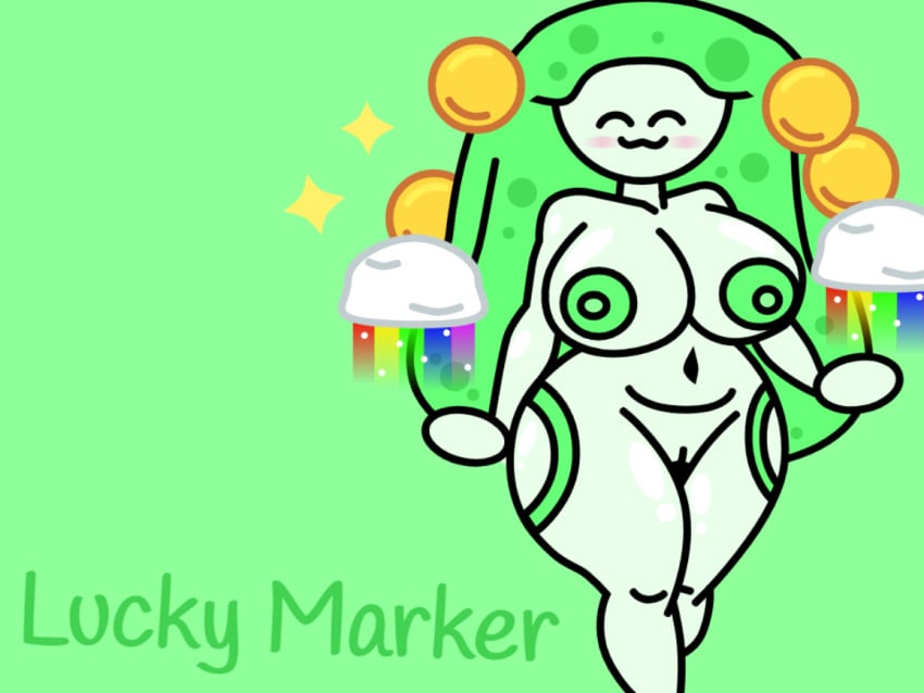 1girls blush clouds find_the_markers gold_coins green_body green_hair lucky-marker naked_female rainbow white_skin