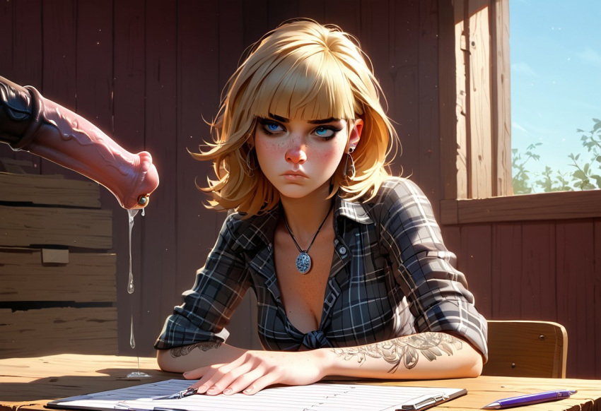 ai_generated blonde_hair bored button_down_shirt cleavage felicity_farms felicity_frank girl horse horsecock imminent_oral imminent_sex impending_sex original_character precum precum_drip precum_string sitting tied_shirt unamused zoophilia