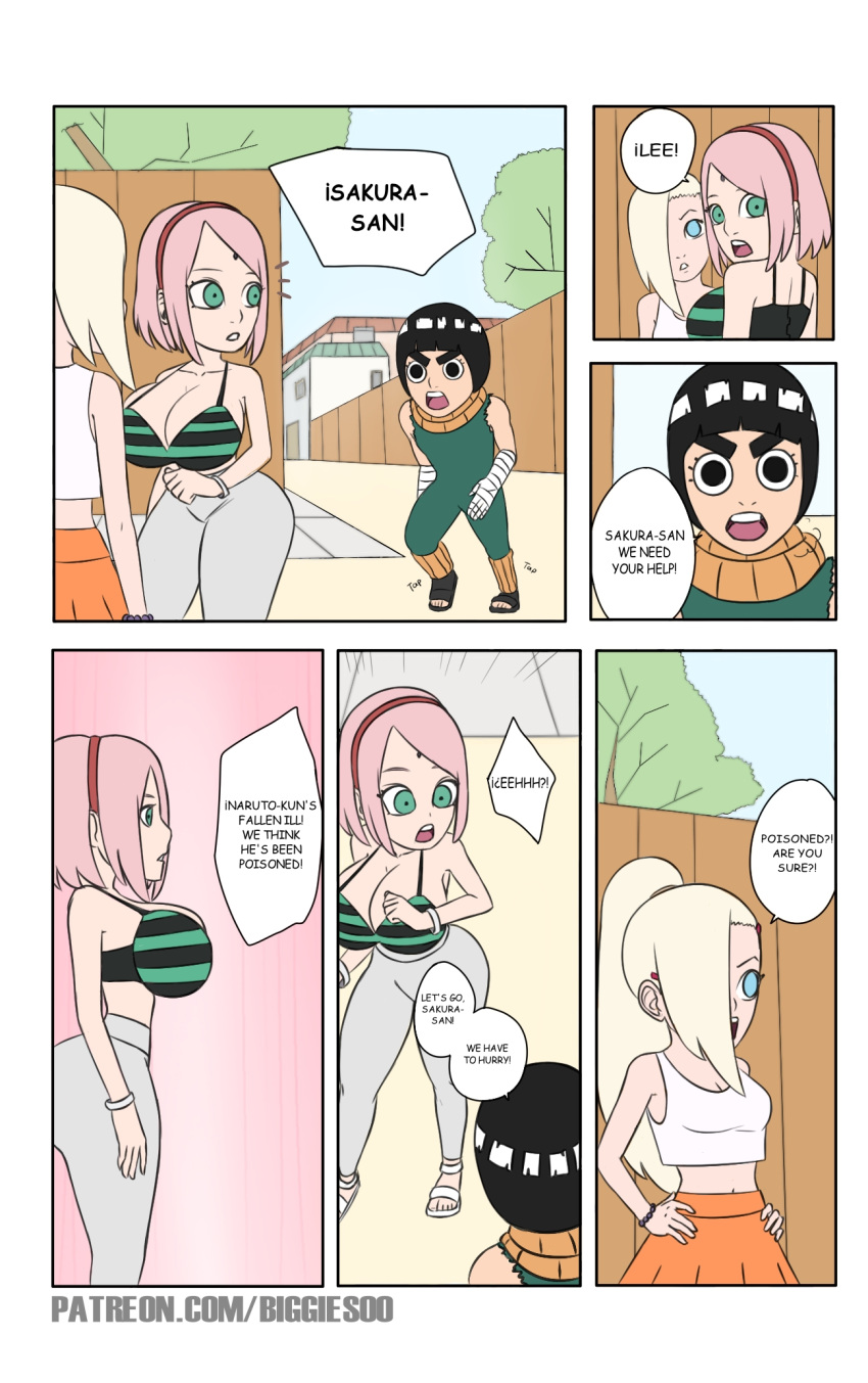 1boy 2girls ass big_ass big_breasts big_butt biggies00 bikini_top boruto:_naruto_next_generations bra breasts bubble_ass bubble_butt color comic comic_page english_text female human ino_yamanaka jiggle male multiple_girls naruto oppai rock_lee sakura_haruno skirt text thick_thighs wide_hips