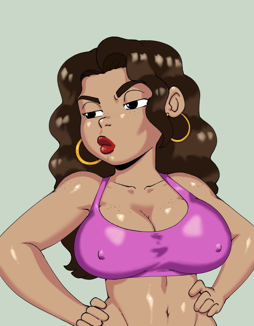 brown_hair brown_skin closed_mouth darkeros13 female freckles gold_earrings half-closed_eyes hands_on_hips hoop_earrings looking_ahead magenta_bra rachel_(eachminister) red_lips shiny_skin sports_bra standing tagme upper_body wavy_hair