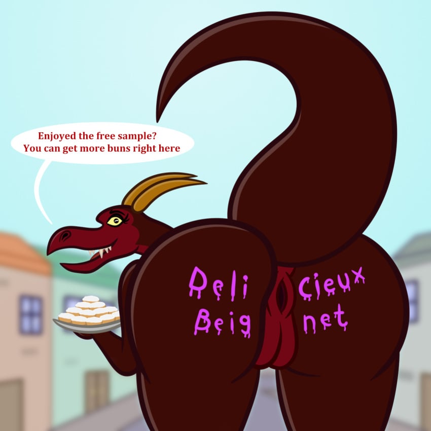 anthro anus ass beignet_(food) bent_over big_butt blurred_background bodypaint building bunnicula_(series) dessert detailed_background dragon english_text female food genitals hi_res horn looking_at_viewer looking_back looking_back_at_viewer mythological_creature mythological_scalie mythology outside painted_butt pussy queen_wicked_(bunnicula) raised_tail red_body scalie sharkinwaves solo tail tail_anus text