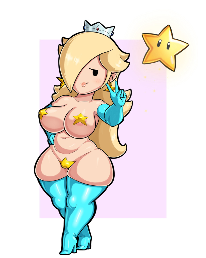 1girls armwear big_breasts bimbo black_eyes blonde_hair boots breasts crown earrings elbow_gloves female female_only footwear functionally_nude gloves hair_over_one_eye hips latex latex_gloves lips long_hair looking_at_viewer mario_(series) midriff mob_face navel nintendo paper_mario paper_rosalina partially_clothed pasties princess_rosalina sleepiitreat smile solo solo_female star star_pasties super_mario_galaxy thick_thighs thigh_boots thighs v video_games wide_hips