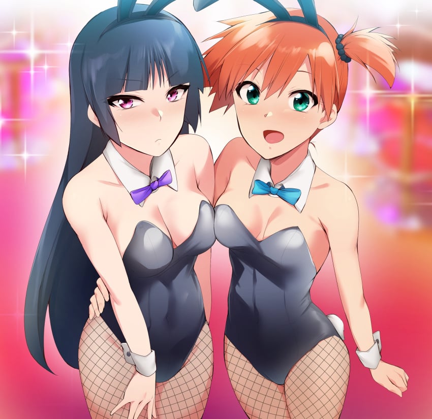 2girls animal_ears asymmetrical_docking asymmetrical_hair bangs bare_shoulders black_hair black_leotard blue_bow blue_hair blush bow bowtie breast-to-breast breast_press breasts bunny_ears bunnysuit cleavage clothing cowboy_shot detached_collar fake_animal_ears female female_only fishnet_legwear fishnets green_eyes high_resolution kaiga kasumi_(pokemon) large_breasts legwear leotard long_hair looking_at_viewer medium_breasts multiple_girls neckwear open_mouth orange_hair playboy_bunny pokemon ponytail purple_bow purple_bowtie purple_eyes purple_neckwear sabrina_(pokemon) short_hair side_ponytail small_breasts smile strapless strapless_leotard tail thighs tied_hair wrist_cuffs