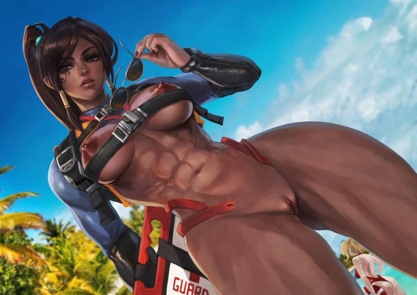 1girls abs alternate_costume bottomless breasts dark-skinned_female dark_skin female female_only lifeguard_pharah monorirogue muscles muscular muscular_female overwatch pharah pussy solo thick_thighs wide_hips