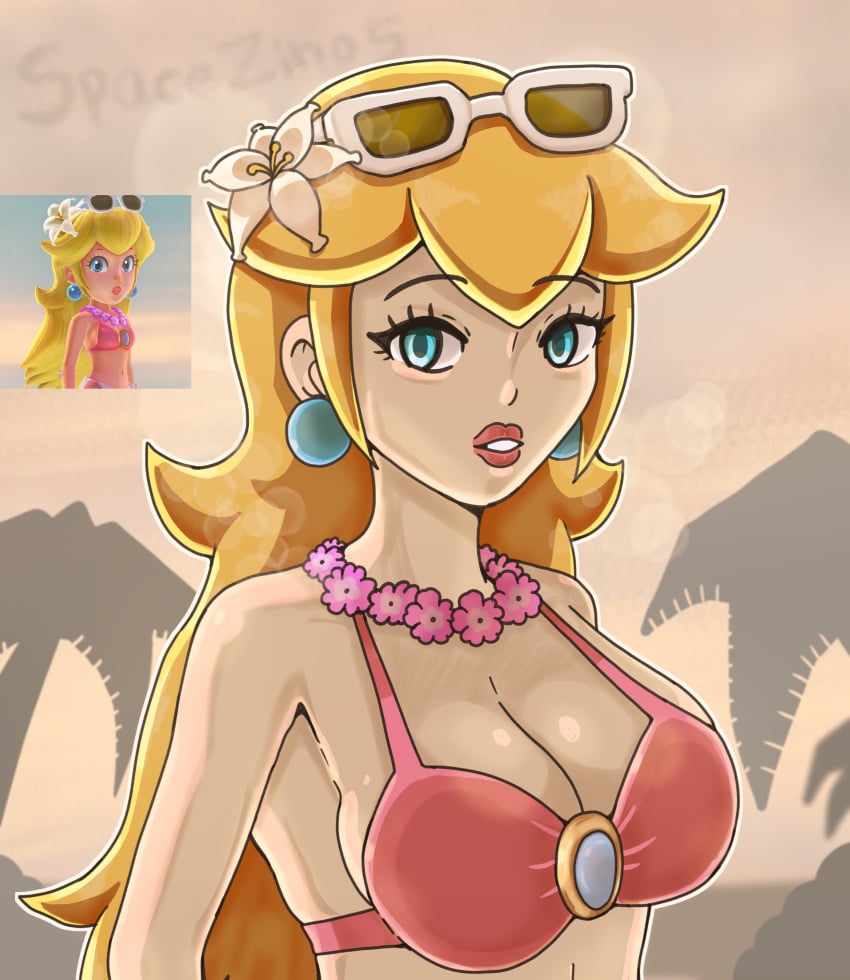 1girls artist_name big_breasts bikini blonde_hair blue_eyes breasts busty cleavage female female_only highres large_breasts long_hair looking_at_viewer mario_(series) nintendo parted_lips pink_bikini princess_peach princess_peach_(swimwear) red_lips solo sunglasses_on_head super_mario_odyssey swimsuit voluptuous