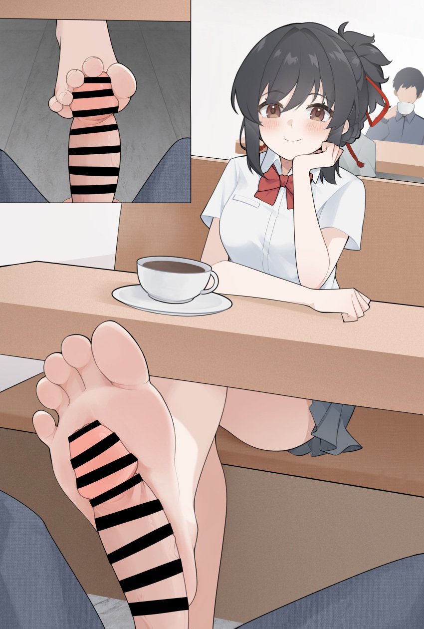 absurdres bar_censor barefoot black_hair blush brown_eyes censored cup erection feet female footjob footjob_under_table highres kimi_no_na_wa. looking_at_viewer miyamizu_mitsuha multiple_views penis smile soles toes wl217_(nicexa111)